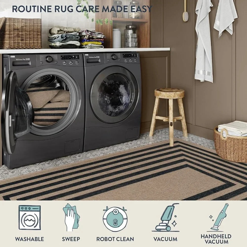 New Modern Geometric Easy Jute Outdoor Rug, 3x5 Black Washable Kitchen Rugs